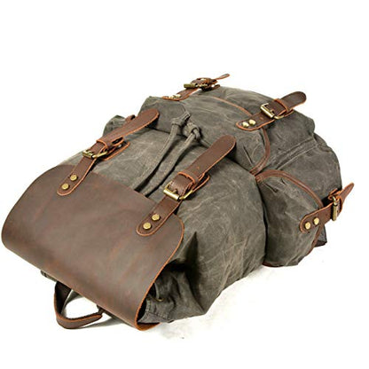 WUDON Leather Backpack for Men, Waxed Canvas Shoulder Rucksack Carry-On Travel Backpack - color: Grey-oversize