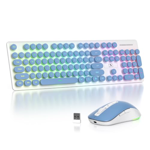 Backlit Wireless Keyboard and Mouse, 2.4GHz Light Up Typewriter Rechargeable Cordless Quiet Keyboard with USB Receiver for PC/Laptop (Blue) - color: Blue