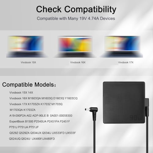 90W Laptop Charger Compatible with Asus Vivobook 15X 14X 16X 17X K1703Z M1703Q M1603Q D1603Q Y1603C ExpertBook B1500 P2451F P751J Asus Q529Z Q524U Q534U UX533F UX480F Power Cord ADP-90LE B