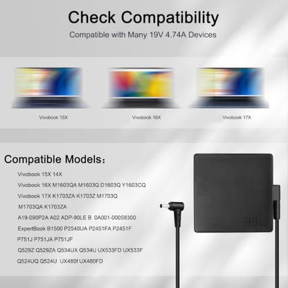 90W Laptop Charger Compatible with Asus Vivobook 15X 14X 16X 17X K1703Z M1703Q M1603Q D1603Q Y1603C ExpertBook B1500 P2451F P751J Asus Q529Z Q524U Q534U UX533F UX480F Power Cord ADP-90LE B