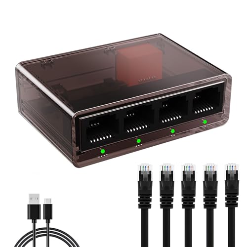 Gigabit Ethernet Splitter 1 to 4 with 5 Cat6 1M Ethernet Cables 1000Mbps High-Speed Internet RJ45 Network Switch Gigabit RJ45 LAN Network Extension for Cat5/5e/6/7/8 Cable