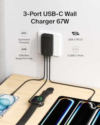 Belkin 3-Port USB C Charger Block w/PPS 67W, USB-C PD 3.1 Super Fast Charging - Samsung Galaxy S25, Apple iPhone 17, Air, Pro, Pro Max, MacBook, AirPods, Apple Watch, Nintendo Switch 2, etc. - Black - style: Black