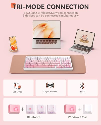 DAREU EK98pro Sakura Pink Wireless Mechanical Keyboard,Tri-Mode BT/2.4GHz/USB-C Creamy Gaming Keyboard with Number Pad,Gasket Structure,Hot Swappable Custom,RGB Backlit for Win/Mac - color: Sakura Pink-C