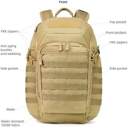 AMHEH 32L Tactical Backpack, 17 Inch Laptop Suspended Compartment | 1050D Water Resistant Heavy Duty MOLLE Computer Daypack, Airplane Travel Approved, Everyday Carry, Commuting, Weekend Trip - color: Tan