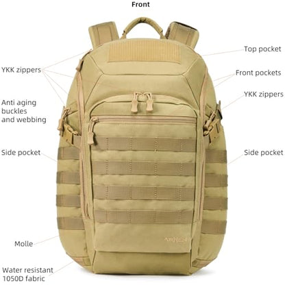 AMHEH 32L Tactical Backpack, 17 Inch Laptop Suspended Compartment | 1050D Water Resistant Heavy Duty MOLLE Computer Daypack, Airplane Travel Approved, Everyday Carry, Commuting, Weekend Trip - color: Tan