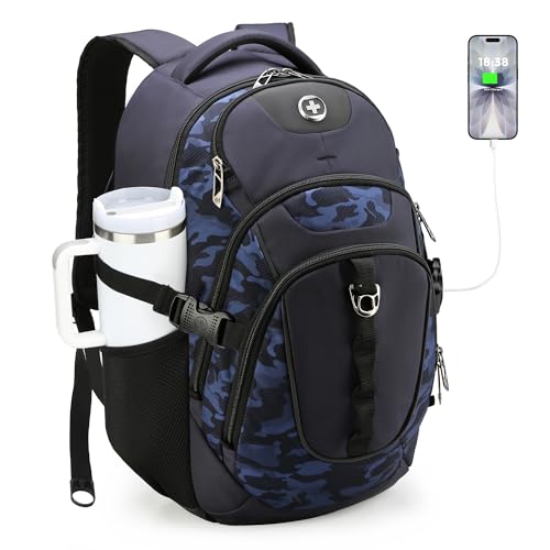 Swissdigital Design Laptop Backpack with USB Charging Port, Travel Backpack Fits 15.6 inches Computer, 31L College School Backpack for Men, Blue Camo | SD803-92 - color: Blue Camo