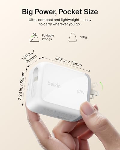 Belkin 67W GaN USB C Retractable Charger Block Fast Charging for Travel | 3.3ft Retractable Cable, USB C Port, iPhone 17, Galaxy S26, AirPods, iPads, MacBook, Travel Charger, Charge Up to 2 Devices - color: White, style: 67W