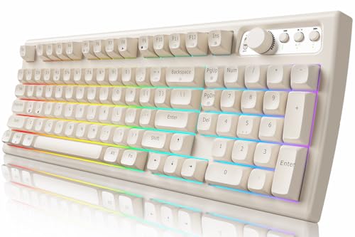 SEUNKWANG EWEADN V97 Cute Creamy Keyboard, Bluetooth/2.4GHz Gaming Keyboard Wireless with RGB Backlit, Media Knob, Curved Body, Rechargeable Quiet Computer Keyboards for MAC Xbox PC Gamer-White