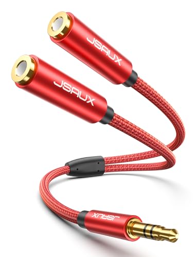JSAUX Headphone Splitter for 2 Headphones, 3.5mm Splitter (No Mic), Red | Nylon Braided, 24K Gold-Plated, Male to 2 Ports Female Audio Splitter for Apple, Samsung, Tablets & More - color: Red, size: 0.9ft