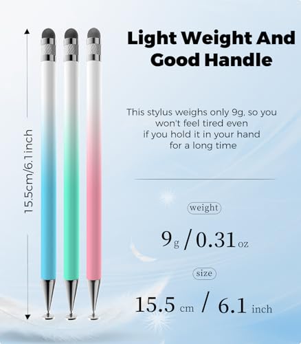 Kenkor Stylus(3pcs),2-in-1 Stylus Pen for Touch Screen, Stylus Pen for iPad | No Charging,Compatible with Apple(iPhone/iPad)/Nintendo Switch/Samsung/Google/Microsoft/Android Tablets Touch Screens Devices - color: Pink+Blue+Green