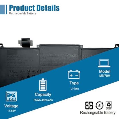 MN79H Laptop Battery Replacement for Dell XPS 9320 XPS 13 Plus 9320 XPS 13 9340 9345 Series 0NXRKW XPS9320-7523BLK-PUS XPS9320-7585SLV-PUS J7H5M 0J7H5M NXRKW 11.55V 55Wh 4524mAh - size: 10.44*4.31*0.23 inch MN79H