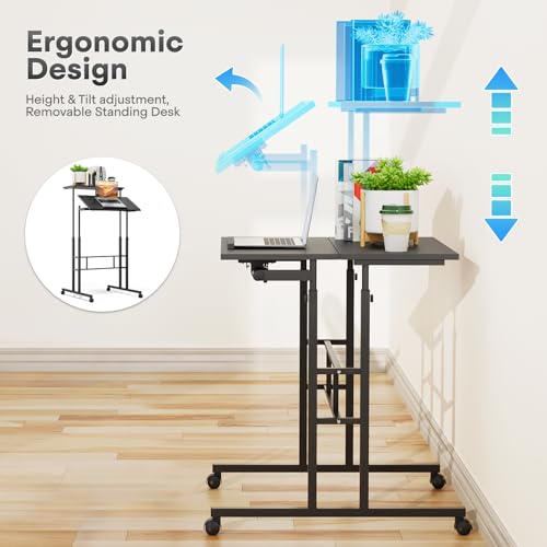 Athena Collection Rolling Standing Desk Small Mobile Table, Black | 4 Lockable Wheels, Engineered Wood Split Top, Adjustable Height for Home Office Computer Workstation - color: Black