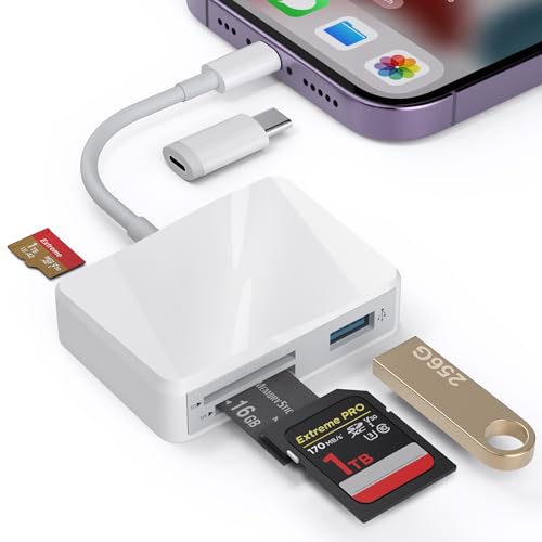SD Card Reader for iPhone, Memory Card Reader with USB-C to Lightning Adapter Plug and Play Trail Game Camera Micro SD Card Viewer Support SD/TF/MS Card and USB Port for iPad Mac No App(White) - color: White