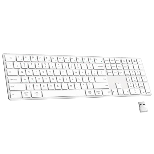 TIETI 2.4G Wireless Bluetooth Keyboard Rechargeable, Stainless Steel Ultra Slim Full Size Keyboard with Numeric Keypad Low Profile Silent Cordless Keyboards for Computer/Mac/Windows - color: Wireless and Bluetooth Keyboard-White