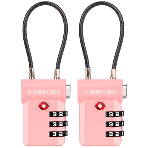 SURE LOCK TSA Approved Luggage Locks with Open Alert Indicator, 3 Digit Combination Cable Travel Lock for Suitcase, Backpack, Gym Locker, Toolbox, Carry On & Travel Bag - color: PINK 2 PACK