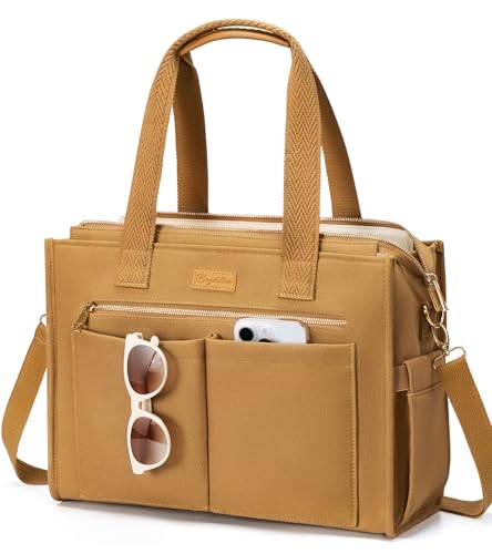Canvas Tote Bag for Women, 15-Pockets Work Laptop Tote Purse Large Crossbody Nurse Teacher Bible Bag for School Travel Daily | with Strap & Zipper - color: L6.brown, size: Large-15.6inch