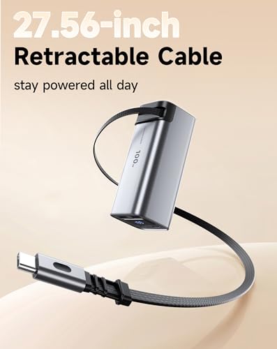 REWONDER 100W Power Bank Fast Charging 20000mAh with Built-in Retractable USB-C Cable, Portable Charger for MacBook Laptop, iPhone 17/16 Series, Samsung, TSA Approved for Air Travel - color: GalaxyGray
