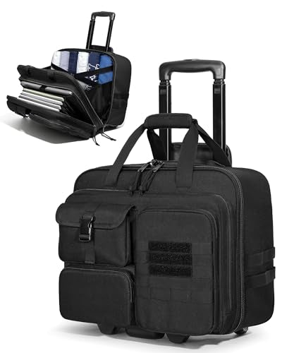 Rolling Tactical Messenger Bag, 17.3 Inch Briefcase with Wheels | A Padded Laptop Sleeve, Accordion File Organizer, Opens 180° Flat, Wheeled Military Laptop Bag for Work Commute Flight