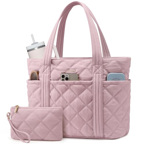 LOVEVOOK Puffer Tote Bag for Women, Puffy Work Handbag with Cup Holder, Travel Carry On Bag with Zipper for Teacher Nurse Gym - color: Pink, size: 15.6 Inch-27L