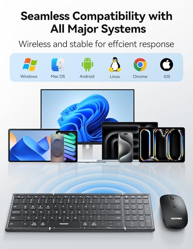 TECKNET Foldable Bluetooth Keyboard and Mouse Combo, Wireless Keyboard Mouse, Rechargeable 2.4G & Dual Bluetooth Travel Keyboard Mouse Set for Business Travel, Compatible with Windows/Mac/iOS/Android