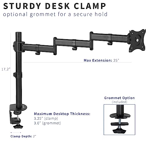 VIVO Single 13 to 32 inch Computer Monitor Desk Mount, Extra Long Adjustable Arm, VESA Stand for 1 Screen, Max VESA 100x100, Black, STAND-V101N