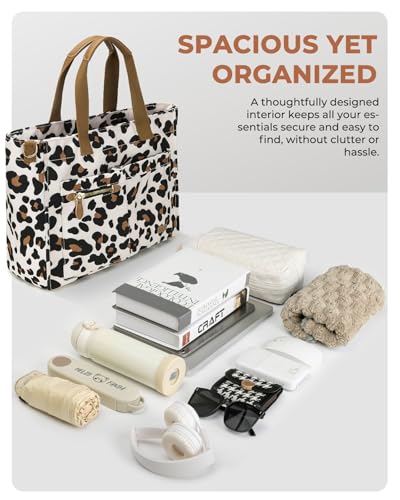 Tuwubi Canvas Tote Bag for Women, Large Tote Bag with Zipper & Compartments for Travel Work College Teacher Nurse - color: Leopard Print