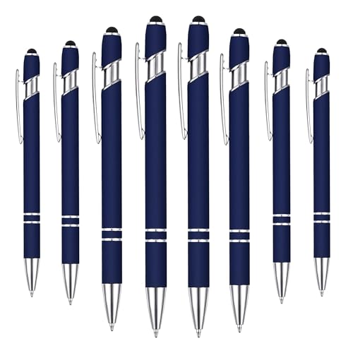 8-Pack (Dark Blue) 2-in-1 Metal Retractable Ballpoint Pens with Stylus. Great Pens for Touchscreen iPhones, Tablets, Laptops and other Capacitive Devices. 1.0 mm Black Ink - color: Dark Blue (Silver Accents)