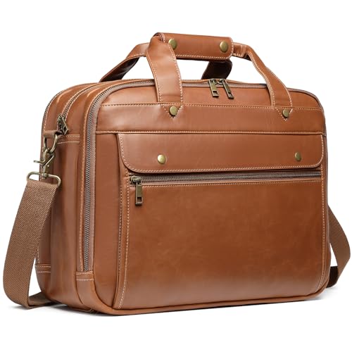 Bosidu Leather Briefcases for Men 15.6 Inch Laptop Messenger Bag with Triple Compartments Water-Resistant Computer Shoulder Bag for Business, Travel, Work, Office, Coffee - color: Coffee
