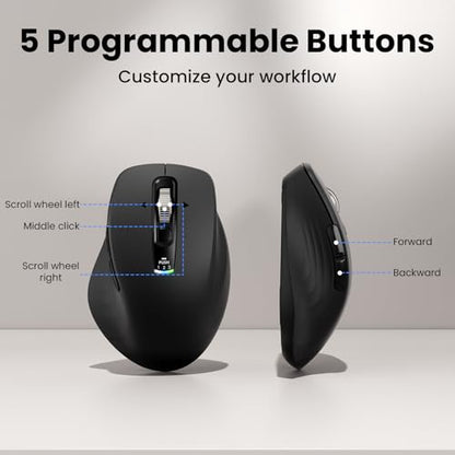 Wireless Bluetooth Mouse, Multi-Device Ergonomic Mouse with 5 Programmable Buttons, 4-Way Metal Scroll Wheel,4800 DPI Adjustable, 18-Month Battery Life, Silent Click, for Laptop, PC, Mac - Black