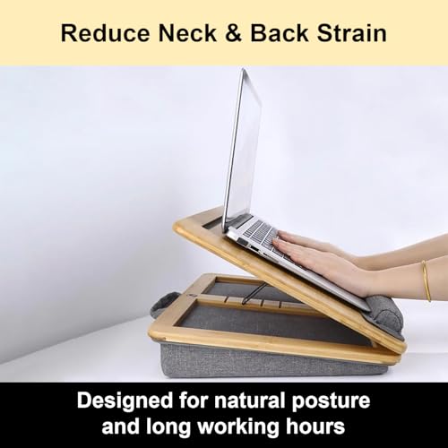 Foldable Wooden Laptop Stand for Desk – Adjustable & Portable Lapdesk with Cushion – Ergonomic Wood Laptop Riser with Storage Shelf for Home, Office & Travel – Fits Up to 16-Inch Laptops