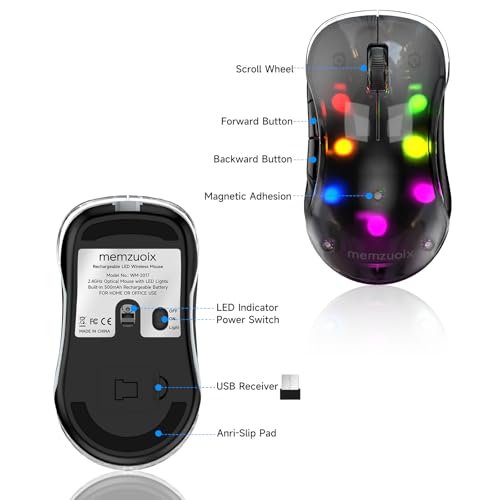 memzuoix 2.4G LED Wireless Mouse, Rechargeable Ergonomic Mouse with Detachable Cover, 1200 DPI Portable Optical Computer Mouse with USB Receiver for Laptop, PC, Desktop and MacBook, 5 Buttons-Black - color: Black