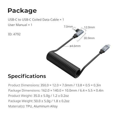 SMALLRIG USB C to USB C Coiled Data Cable (Straight to Angled), 90 Degree USB C Cable 20Gbps High Speed Data Transfer, Support PD 100W Fast Charging, for iPhone, Laptops and Cameras etc. - 4792