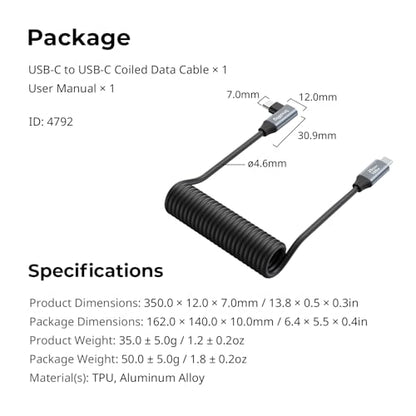 SMALLRIG USB C to USB C Coiled Data Cable (Straight to Angled), 90 Degree USB C Cable 20Gbps High Speed Data Transfer, Support PD 100W Fast Charging, for iPhone, Laptops and Cameras etc. - 4792