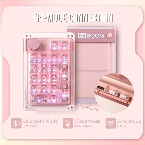 KiiBoom Phantom 21 Hot Swappable Crystal Acrylic Numpad, BT5.0/2.4GHz/USB-C Triple Mode NKRO Programmable Numeric Keypad with Knob, South-Facing RGB, 1900mAh Battery for Win/Mac (Pink)