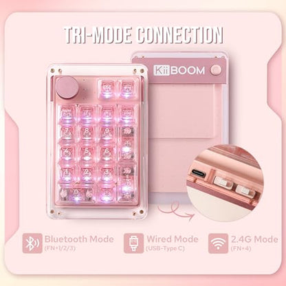KiiBoom Phantom 21 Hot Swappable Crystal Acrylic Numpad, BT5.0/2.4GHz/USB-C Triple Mode NKRO Programmable Numeric Keypad with Knob, South-Facing RGB, 1900mAh Battery for Win/Mac (Pink)