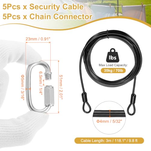 PATIKIL Security Cable Lock (5/32" Dia 9.8ft, Black)(5 Set) Vinyl Coated 304 Stainless Steel Double Loop Flexible Wire Rope Safety Cable with Quick Links Locking Connectors - color: Black, size: 5/32" x 9.8ft