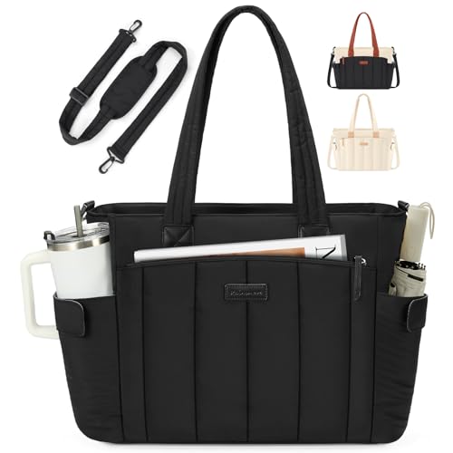 RAINSMORE Puffer Tote Bag for Women, 15.6 Inch Large Work Tote Laptop Bag | Quilted Tote with 40oz Cup Holder, Lightweight Shoulder Bag for Teacher Travel Business Casual Office Professional, Black - color: Black