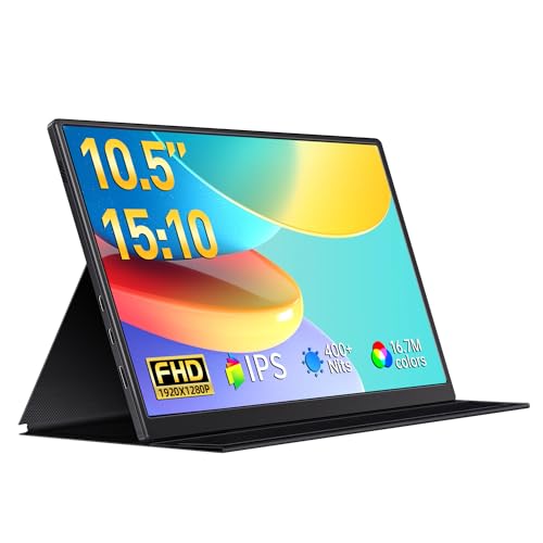 Small Portable Monitor 10.5" 400 Nits 15:10 FHD 1280P IPS Screen, Ultra-Slim Mini Monitor w/Smart Cover & Speaker, USB C HDMI HDR Portable Gaming Monitor, Travel Monitors for Laptop PCs