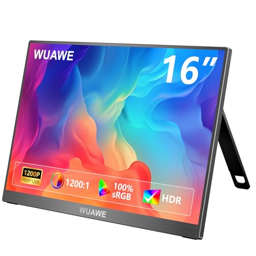 WUAWE Portable Monitor 16" 1920x1200P 16:10 IPS Travel Monitor for Laptop with Built-in Stand, 100% sRGB Control USB-C HDMI,HDR Freesync Display, Plug&Play for Phone PS5 Switch(Black) - color: W1-Black
