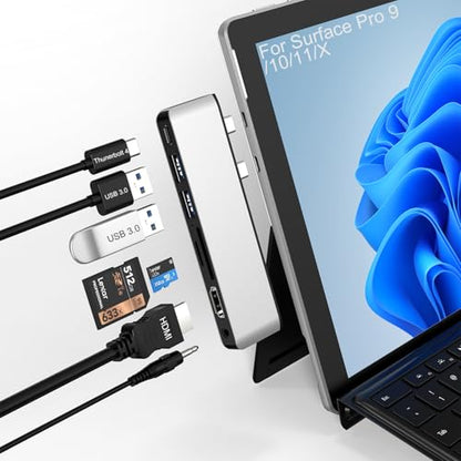 Surface Pro 9/10/11/X Docking Station, Surface Pro 11 USB Hub with 4K HDMI, USB-C Thunderbolt 4 (Display+Data+100W PD), 2 USB 3.0, 3.5mm Audio, SD/TF Card Slot for Surface Pro 9/10/ 11/ X - color: Silver