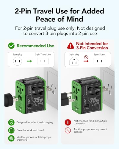 MFish 75W Universal Travel Adapter, 5-Port International Power Adapter with Retractable USB-C Cable, 3 USB-C & 1 USB-A + AC Outlet, Worldwide Wall Charger for MacBook, iPhone, iPad, EU/UK/US/AUS Black - color: Black