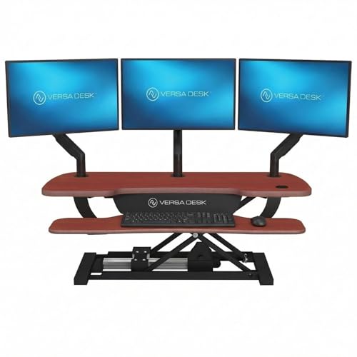 PowerPro 40 Inch Electric Standing Desk Converter – Push-Button Height Adjustable Sit to Stand Desk Riser for Triple Monitors & Laptop – Motorized Desktop Workstation with Wide Keyboard Tray - color: Cherry, size: 40" Wide
