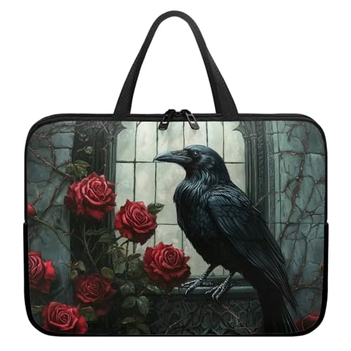 Grunge Raven Red Rose Print Laptop Case Portable Laptop Bag Women Men 10-17inch Carrying Computer Bag for Travel Study Work Notebook Case Bag with Handle and Zipper, 15inch - color: Grunge Raven Red Rose, size: 15inch