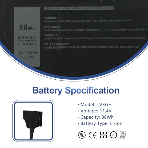 ANTIEE TVKGH 88Wh Laptop Battery Replacement for Dell Latitude 9510 / Latitude 9520 2-in-1 Series N7HT0 V5K68 HYMNG N2NLL 08NFC7 N2NLL N7HTO 089GNG 0PKW00 0HYMNG 11.4V 7334mAh 6-Cells