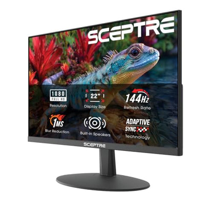 Sceptre New 22-Inch Gaming Monitor, FHD 1080p, Up to 144Hz, HDMI, DisplayPort, Built-in Speakers, Machine Black (E225W-FW144 Series, 2026) - size: 22
