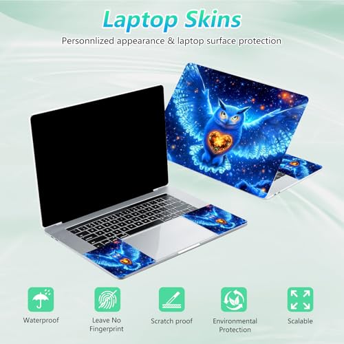 Laptop Skin Sticker Decal 12"-15.6" Universal Laptop/Notebook/Netbook Vinyl - Waterproof Scratch Resistant,Fits HP Dell Lenovo MacBook,2 Free Wrist Pads,Easy Apply & Remove,Blue Glitter Owl - color: Blue Glitter Owl