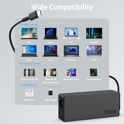 100W USB C Laptop Charger with 9FT Extra Long Cable, Fast Charging Power Adapter Compatible with MacBook Pro/Air, HP, Dell, Lenovo, Asus, Acer, Chromebook, Galaxy, Type C Universal Wall Charger Block