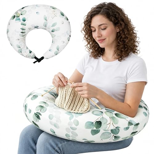 Ergonomic U-Shaped Gaming & Lap Pillow for Crocheting - Cute Green Branches Crochet Pillow with Elbow & Arm Support, Lap Desk Pillows for Reading, Playing or Crocheting, Suitable for Adults - White - color: Green Branches on White Background