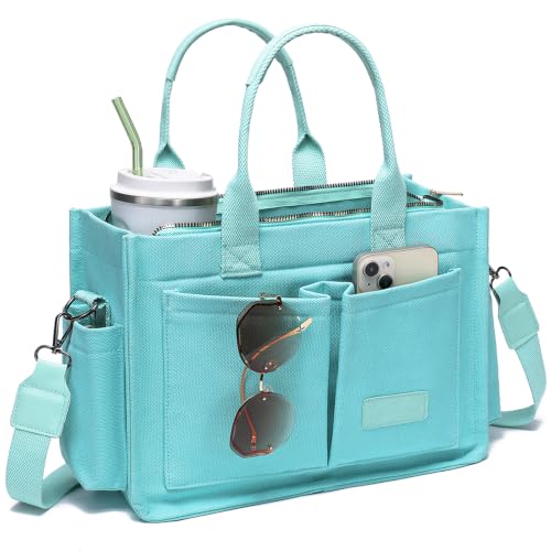 Canvas Tote Bag for Women,Women's Bags Crossbody Bags Work Laptop Tote Bag Large Handbags Purse for Travel Nurse Teacher - color: New Upgrade Plus Green With Compartments and Inner Cup Holder