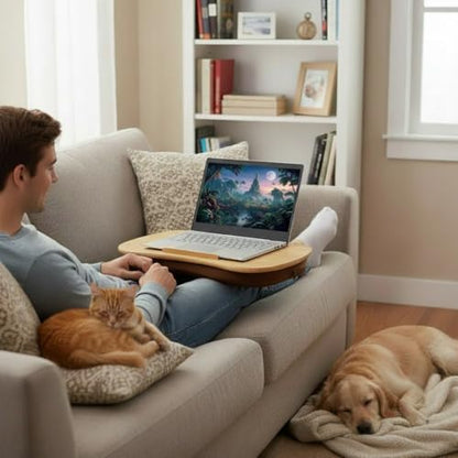 Bamboo Lap Desk for Laptop with Cushion-Fits up to 17 inch | Computer Laptop Stand with Phone Hoder, Anti-Slip Stopper - size: 18.5"x11.8"